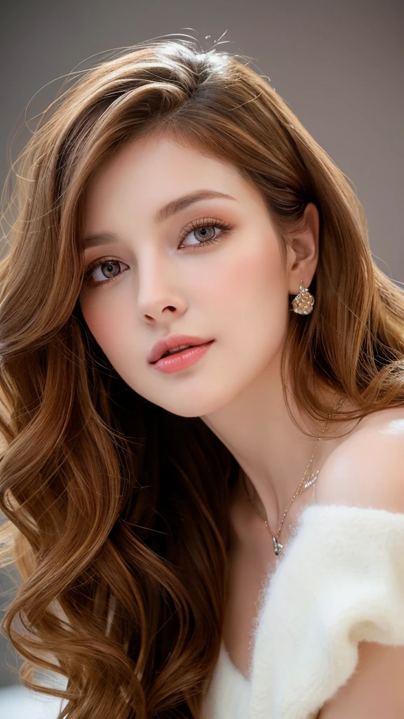 (best quality, High resolution, masterpiece: 1.3), A sexy and beautiful woman, slim body, ((Brown hair,Fluffy wavy style)) ((Long wavy red hair)) Beautiful and smooth F cup breasts、Show cleavage, Wearing a pendant, White square scarf, (The background is an interior modern bed), Details on faces and skin textures are beautifully rendered, Delicate and sexy eyes, double eyelids、Bit your lip、facing the audience、The body is soaked