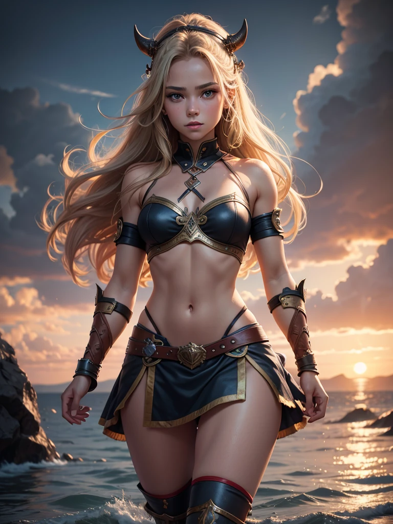 a beatiful , viking, showing your body, showing your charm, perfect body, small waist. Wearing short clothes, dynamic pose. Small girl, delicade girld, cute girl. Ultra resolution, perfect eyes, perfect anatomy, perfect hand, perfect body. 8k ultra hd, ultra definition, photorealistic digital art, high quality illumination, high definition textures. Cinematic ambience, wonderful background