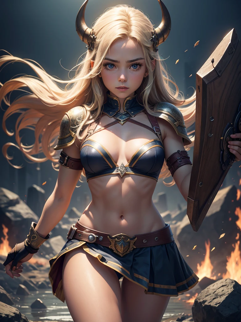 a beatiful teen, viking, showing your body, showing your charm, perfect body, small waist. Wearing short clothes, dynamic pose. Small girl, delicade girld, cute girl. Ultra resolution, perfect eyes, perfect anatomy, perfect hand, perfect body. 8k ultra hd, ultra definition, photorealistic digital art, high quality illumination, high definition textures. Cinematic ambience, wonderful background