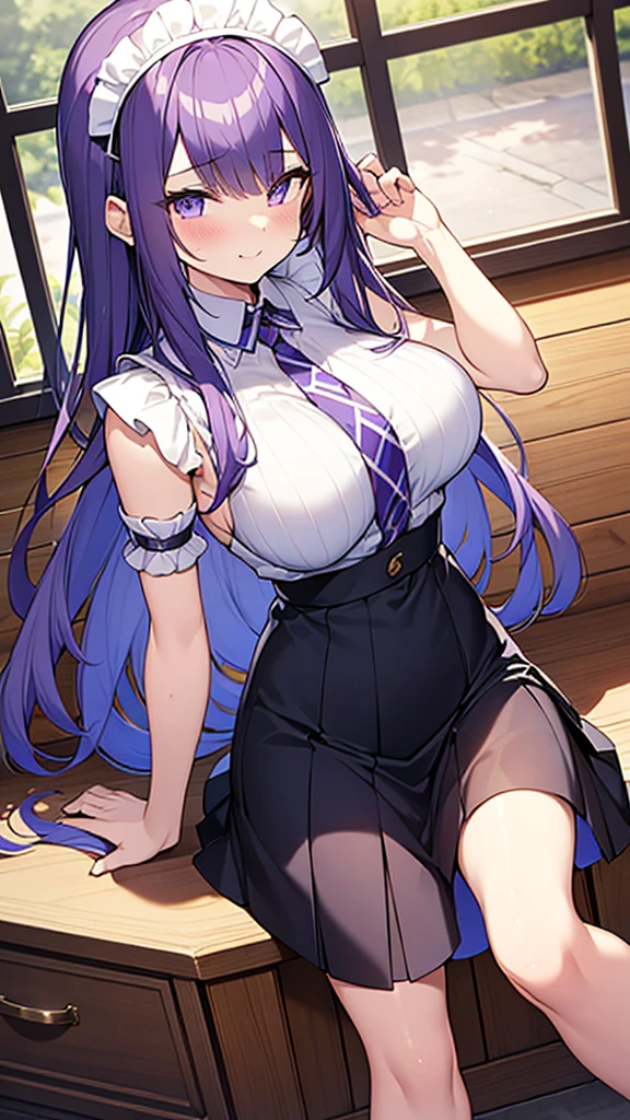 最high quality, high quality, 16K full body image, Ultra-detailed details, pretty girl, alone, beautiful purple hair, Beautiful purple eyes, Big Breasts, A light smile, Summer clothes, Summer Maid clothes, I'm lifting my skirt, Blue and white color striped underwear(Bikini swimsuit under skirt), My crotch is wet with love juice, {{A succubus who steals the face skin and maid uniform from the girl she likes and plays pranks on her、I'm wearing a maid outfit while pretending to be the girl I like.}}, The girl I like is a high school girl, Full body image, NSFW