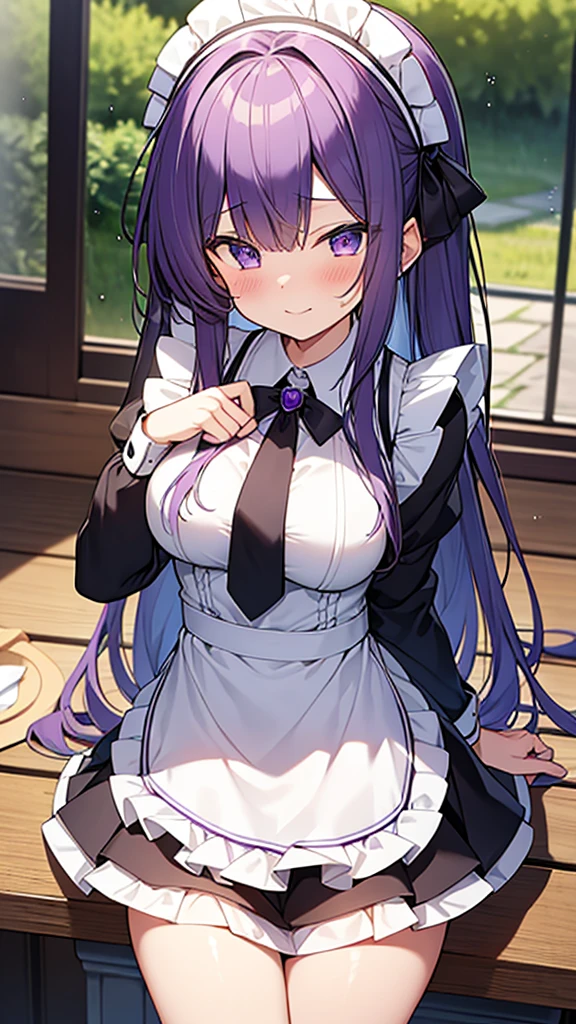 最high quality, high quality, 16K full body image, Ultra-detailed details, pretty girl, alone, beautiful purple hair, Beautiful purple eyes, Big Breasts, A light smile, Summer clothes, Summer Maid clothes, I'm lifting my skirt, Blue and white color striped underwear(Bikini swimsuit under skirt), My crotch is wet with love juice, {{A succubus who steals the face skin and maid uniform from the girl she likes and plays pranks on her、I'm wearing a maid outfit while pretending to be the girl I like.}}, The girl I like is a high school girl, Full body image, NSFW