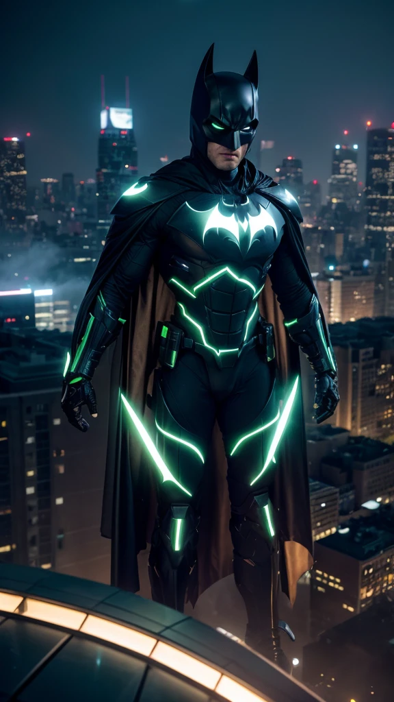 Masterpiece, best quality, NVIDIA RTX, sharp picture, cinematic lightning, hi-tech futuristic batman, perfect face, proportional body, luminous mecha-armor:1.3, glowing mecha armor:1.3, cape blown by strong winds:1.3, on top of a bulding, full body, epic lights reflection, night, smokes, gotham, from above
