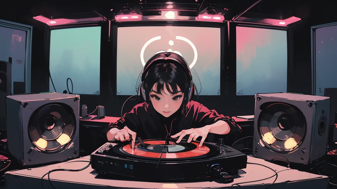DJ Girl, クールなヘッドセットをつけたHIPHOPファッションのDJ Girl,Front view , Two large LED-illuminated speakers on each side, Immerse yourself in a neon-lit environment, In front of her is a music mixer and a turntable.、A record is placed on the turntable,The DJ deck is made up of two turntables and a Technics SL-1200MK7 mixer., DMC, DMC World DJ Championships,