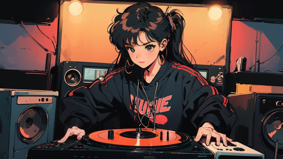 DJ Girl, クールなヘッドセットをつけたHIPHOPファッションのDJ Girl,Front view , Two large LED-illuminated speakers on each side, Immerse yourself in a neon-lit environment, In front of her is a music mixer and a turntable.、A record is placed on the turntable,The DJ deck is made up of two turntables and a Technics SL-1200MK7 mixer., DMC, DMC World DJ Championships,