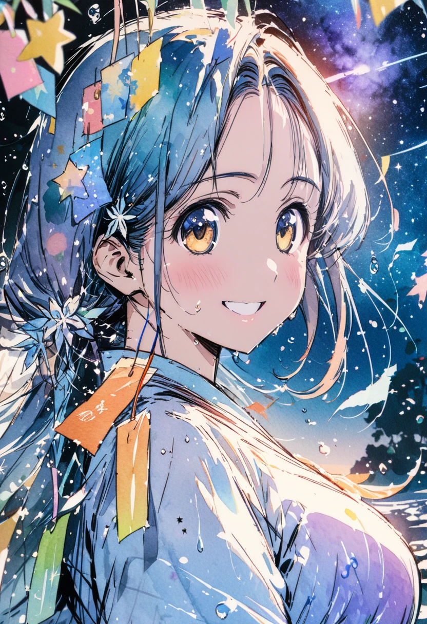masterpiece,highest quality,ultra-detailed,high-definition background,8K,hi-res,high quality,BREAK,Water Drop,girl, japanese manga style, sketch, Watercolor Colors.Tanabata.milky way、((Orihime and Hikoboshi:1.5))、A radiant smile、Smile、Star of the sky