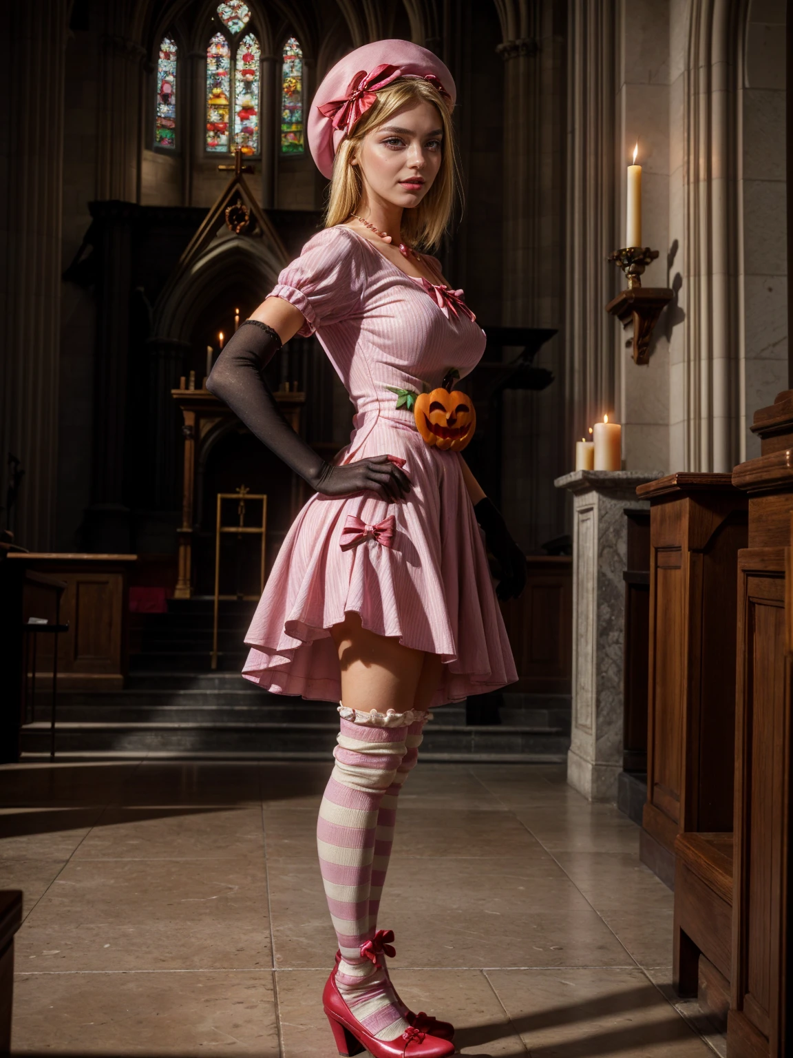 (1 lady), The beautiful, (Best quality at best:1.4), (ultra - detailed), (extremely detailed CG unified 16k), gold blonde hair, very detailed, High-definition RAW color photo, professional photoshooting, amazing face and eyes, cosmetics, (amazingly beautiful girl), ((lambdadelta, tall woman, taller)), ((dress, shoes bow, red shoes, striped stockings, red bow, pink hat, necklace, gloves, pearl, pumpkin brooch, pink dress)), standing, sexyposture,(Dark and stylish cathedral, stained glass, altar, before the altar, candle lights, candle lights:1.3), (look from down), realistic cinematic face, head to feet long wide zoomed out view, full body long view, photorealistic, ((realistic natural blonde hair style, honey eyes)), gorgeous, extremely beautiful face, perfect model beauty, pout mouth, flirting smile, cleavages, city girl, western, shopping in the city, (masterpiece), best quality, high resolution, extremely detailed, blurred background, depth of field, cinematic lighting, (amazing legs, strong legs, athletic legs), high heels, clear and well-cared skin