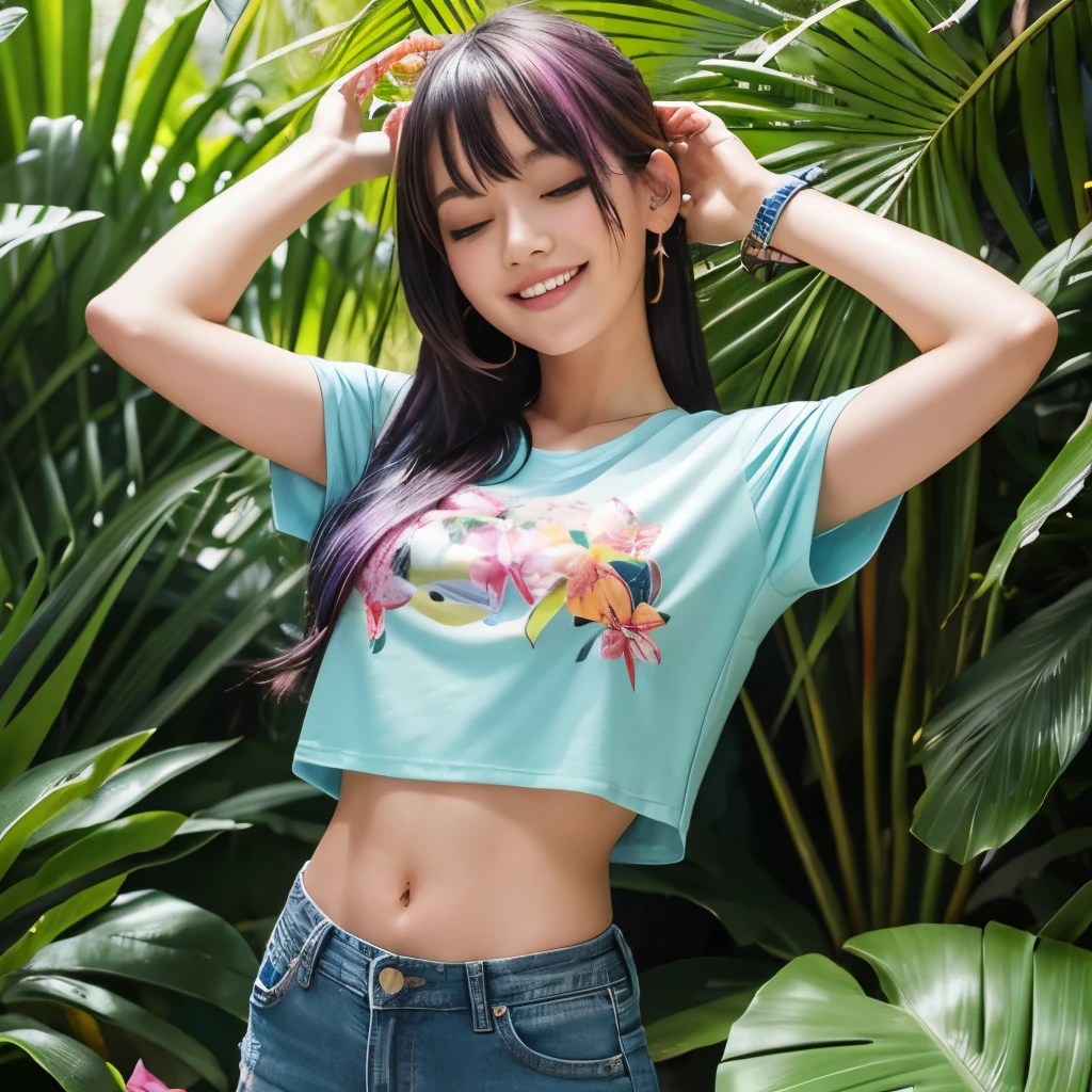 girl, Plumeria Flower Design T-Shirt and Jeans Shorts, Focus on the upper body, Multicolored Hair, close your eyes, Big happy smile, Detailed Art, Very detailed, Tropical forest landscape, summer, Beach, bikini, Sunbathing, enjoy