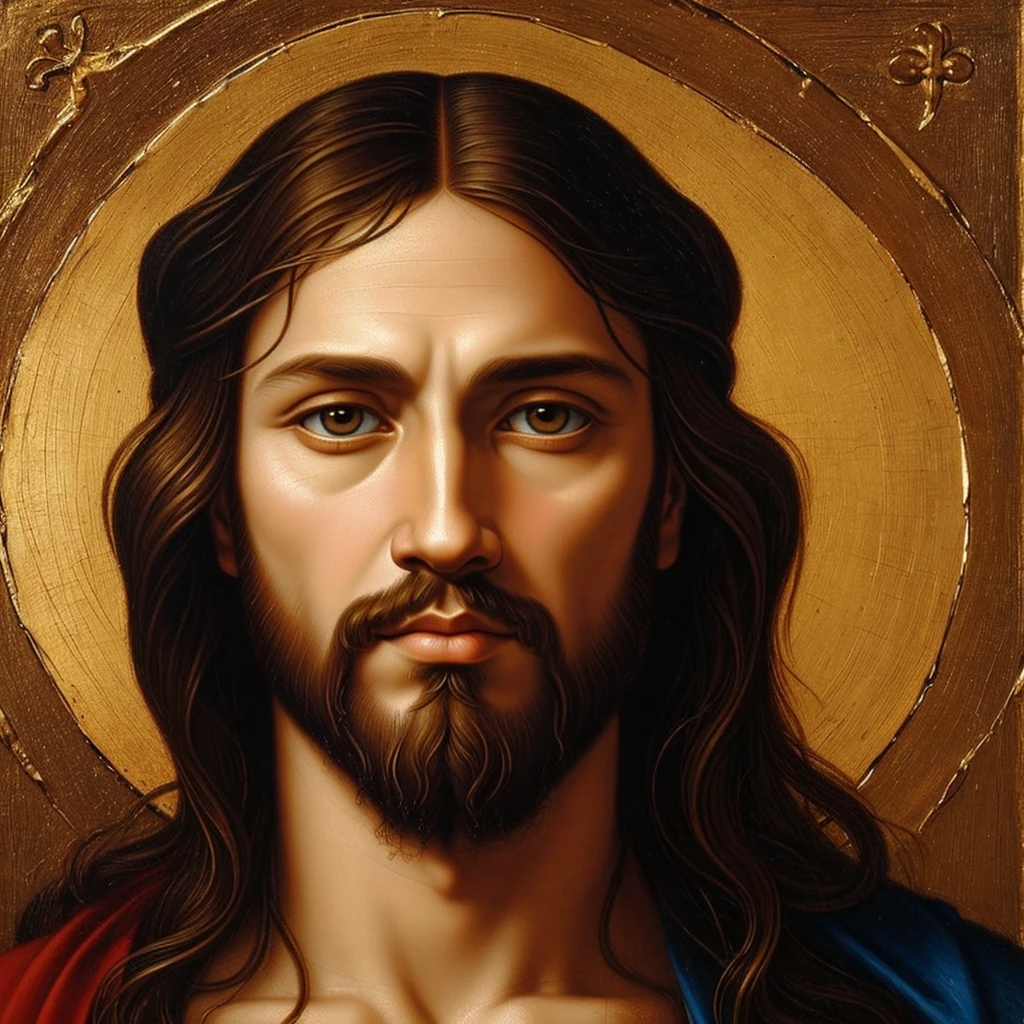 Incredible attention to detail showcases the iconic figure of Jesus in the style of Leonardo da Vinci. This masterful painting captures the essence of Jesus with captivating precision and artistry. The image portrays Jesus with delicate brushstrokes and exquisite shading, illuminating his serene expression and tender eyes. Every facial feature is meticulously rendered, evoking a profound sense of divinity and wisdom. The rich colors and subtle highlights further enhance the depth and realism of the painting, emanating an undeniable aura of brilliance. This exceptional artwork immortalizes Jesus in a truly magnificent and awe-inspiring manner.