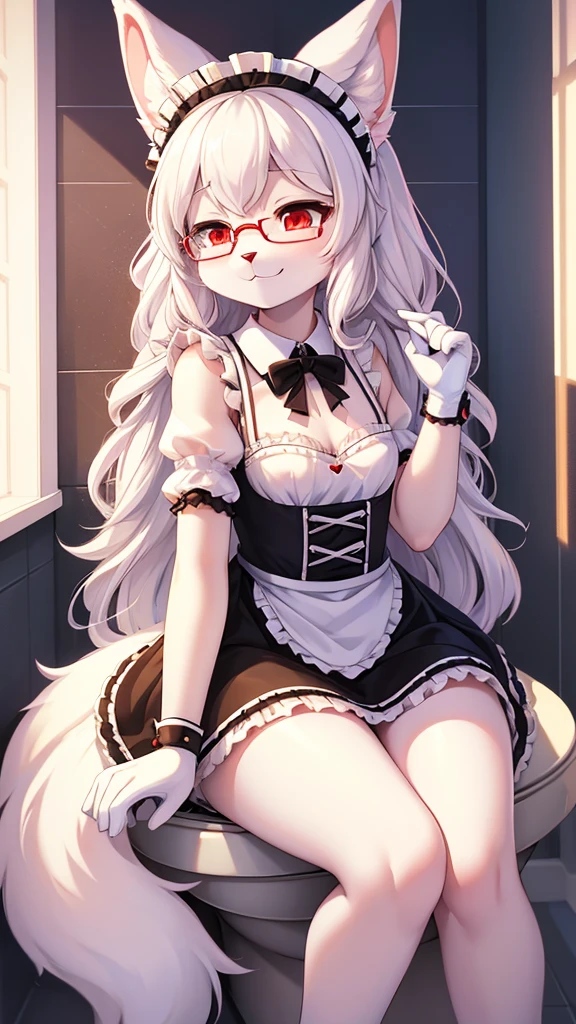 best quality,Optimal resolution,(Fluffy anthropomorphic furry :1.6),(young :1.6),White Rabbit Girl,Small Breasts,White hair,Long hair,curls,Curly hair,White rabbit ears,White rabbit tail,White fur,Red Eyes,Sparkling eyes,Shining eyes,Glasses,Bow,maid outfit,Maid headdress,Maid gloves,Ruffles,Beautiful cafe toilet,White light,Full flush,s face,Smile,heart shape eye,Heart shaped eyes,shiny,Eyes very close,Close your eyes,Sexy pose,Sitting on the toilet,害羞的Sitting on the toilet