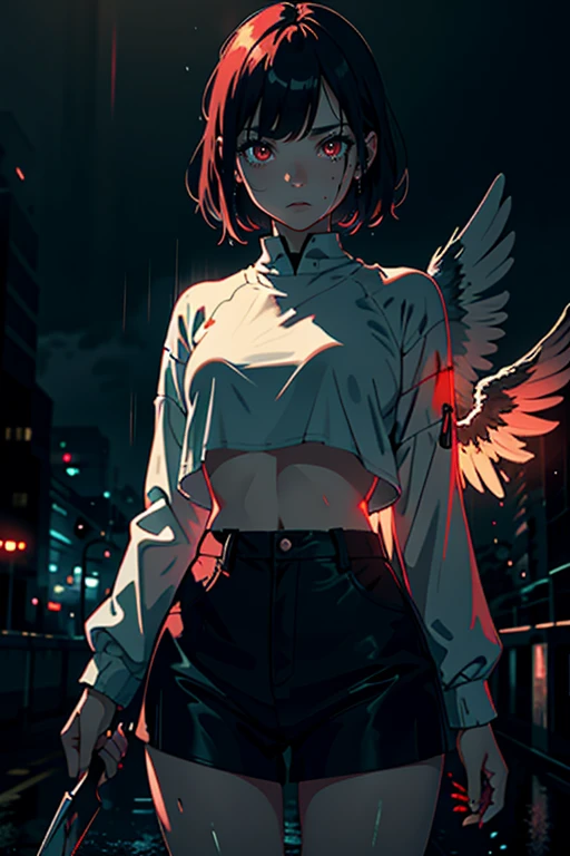 a lone girl in a night city during a heavy rainstorm, looking at the viewer with a disgusted expression, angelic wings, barefoot, wearing a cropped top with long sleeves, drenched clothes, blood tears, holding a knife, surrounded by blood on the ground, red glowing eyes, shallow depth of field, dramatic lighting, masterpiece, best quality, 8k, highres, ultra-detailed, photorealistic, professional, vivid colors, dramatic lighting, moody atmosphere