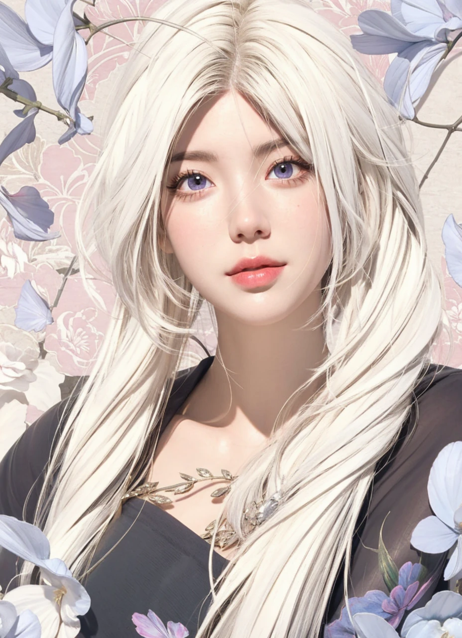 A stunningly lifelike portrait captures a 32-year-old girl with light shiny purple eyes and beautiful European features. girl have shiny, healthy and volumous white hair. Dangerous, sexy, 