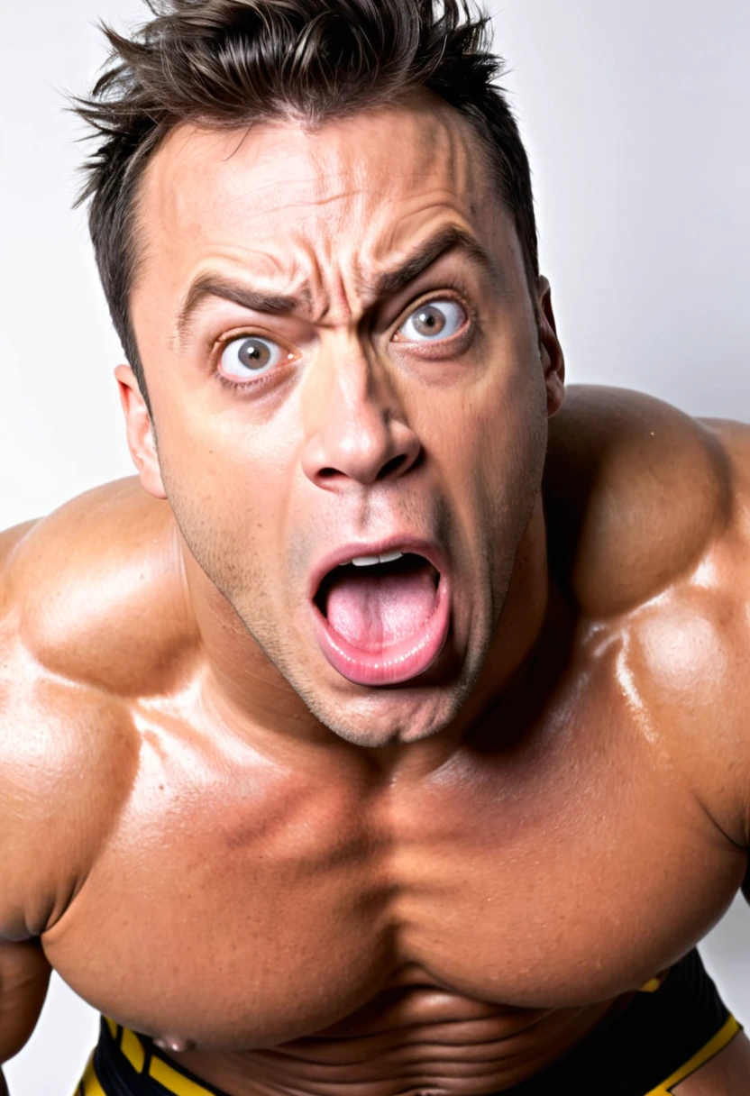Batman, from front, super fine, hunk, looking down and mouth wide open with shocked face,