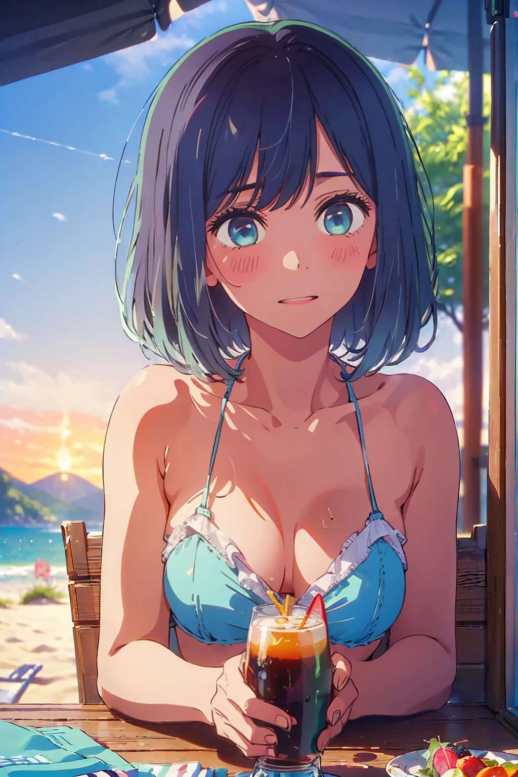 (Highest quality:1.4、masterpiece:1.4、Super detailed:1.4、8K:1.4)、F cup bust、Big Breasts、Slim body、((((1 person、Surprised expression、sit、Outdoor café terrace、coastal、juice、table、Sandy Beach、sunset、Sunset、bikini、juiceのグラスを持つ、Big eyes、Shallow depth of field、Very cute face))))