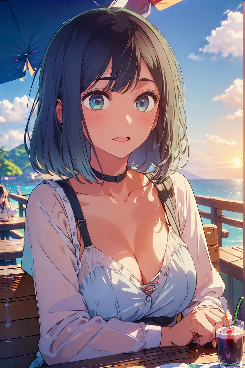 (Highest quality:1.4、masterpiece:1.4、Super detailed:1.4、8K:1.4)、F cup bust、Big Breasts、Slim body、((((1 person、Surprised expression、sit、Outdoor café terrace、coastal、juice、table、Sandy Beach、sunset、Sunset、bikini、juiceのグラスを持つ、Big eyes、Shallow depth of field、Very cute face))))
