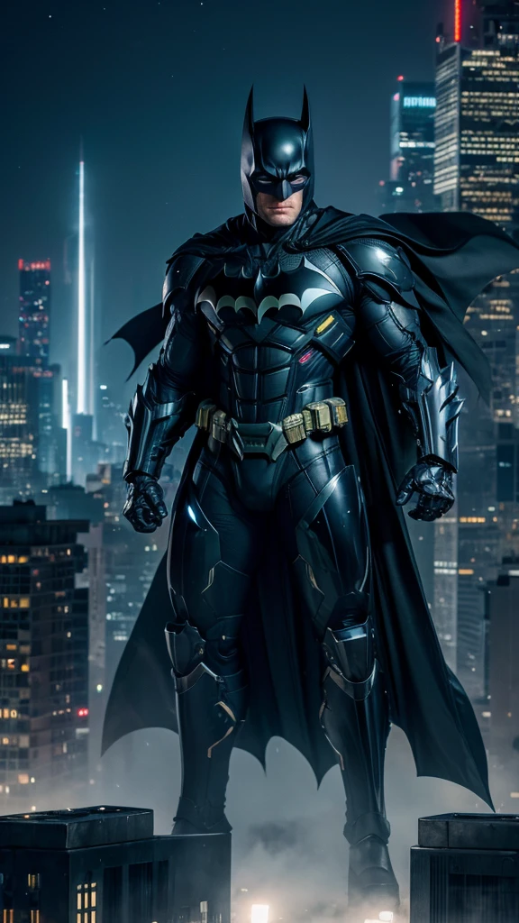 Masterpiece, best quality, NVIDIA RTX, sharp picture, cinematic lightning, hi-tech futuristic batman, perfect face, proportional body, luminous mecha-armor:1.3, glowing mecha armor:1.3, cape blown by strong winds:1.3, on top of a bulding, full body, epic lights reflection, night, smokes, gotham, from above