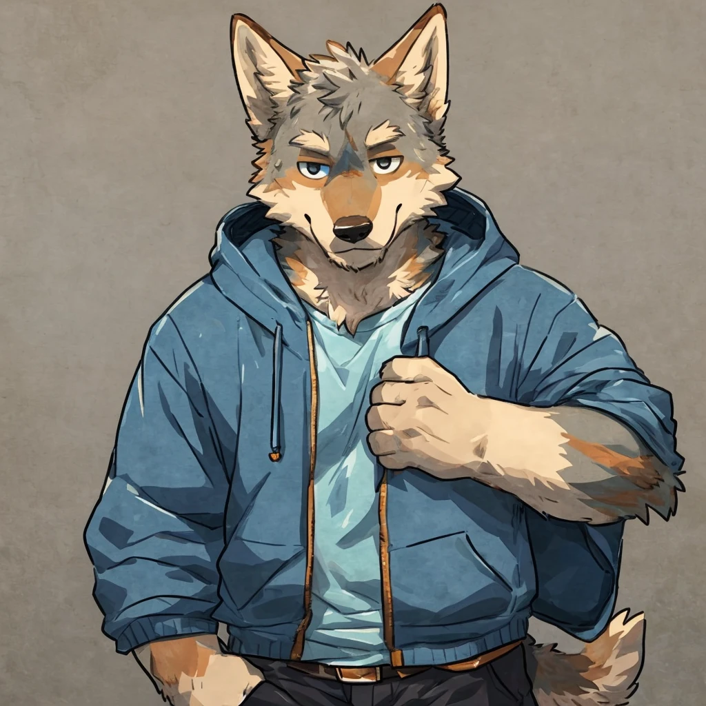 ((Best quality, masterpiece, detailed anatomy, detailed eyes, detailed hands, perfect lighting, perfect shading)), by Buta99, by Bebebebebe, 1male, Wolf, brown furs, tight body, dark brown eyes, skinny chub body, young body, large sleeves blue hoodie, ripped jeans pants, black boots, at the white background