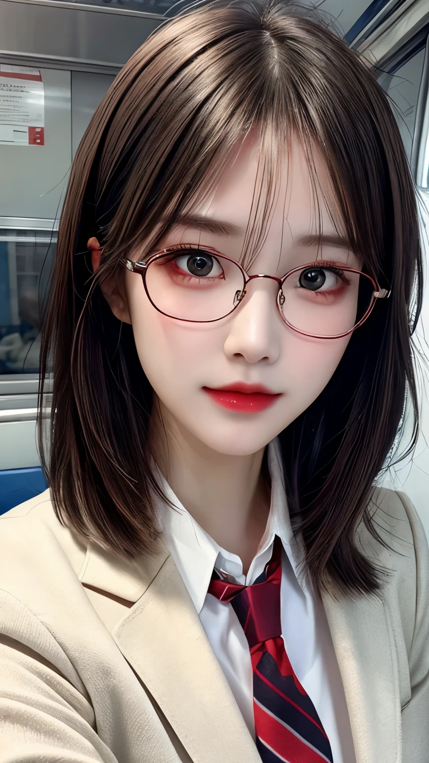 Best quality work，Actual work，Ultra Premium Graphics，8K HD CG works，High quality graphics，High-definition CG works，10x pixels，Extremely fine detail：1.1，Advanced Technical Details：1.1 Photorealistic，Indoor lighting effects：1.5，Natural light：1.5. Light effects（virtual Light effects：1.8），（short chestnut hair）、（Bob Hair），Clear Eyes，Beautiful double eyelids，Sharp eye makeup, Delicate eyelash makeup, Thin eyebrows, Highly detailed eyes，High nose, Nice red lips, Rose Cheeks, A face with subtle makeup , Cute face, perfectly balanced face,（Advanced Face Detail：1.1），（Girl sitting on train seat)、Best quality work，Actual work，Ultra Premium Graphics，8K HD CG works，High quality graphics，High-definition CG works，10x pixels，Extremely fine detail：1.1，Advanced Technical Details：1.1 Photorealistic，Indoor lighting effects：1.5，Natural light：1.5. Light effects（virtual Light effects：1.8), Thin eyebrows，High nose, Nice red lips, Rose Cheeks, A face with subtle makeup , Cute face, perfectly balanced face，(girl in school uniform），A light-toned foundation enhances the clarity of your skin.，((High school girl on the train door))、((White blazer)),(White blouse)、(Red tie)、(Dark blue checked skirt) 40k, photograph, ((Wear glasses, )). White skin, highest quality, Tabletop, Ultra-high resolution, (Realistic:1.4), RAWphotograph, (Perfect figure), (slim:1.3), Slim abdomen, Perfect slim figure, Dynamic Pose, alone, Cold light 12000K, Highly detailed facial and skin texture, Fine grain, Realistic eyes, Beautiful fine grain, (Realistic Skin), Charm, 超A high resolution, Surreal、