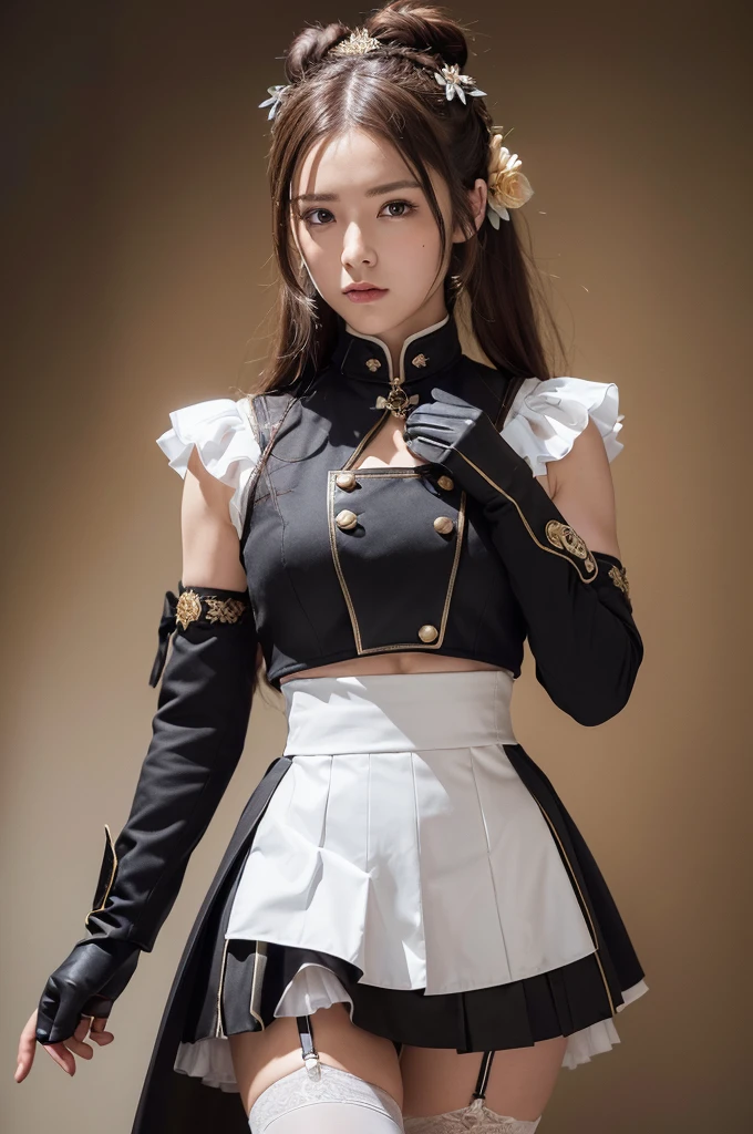 Breastplate with coat of arms,miniskirt,black gloves,gauntlets,garter bel,acrobatic pose,(Long Hair,topknot,sideburns,light brown hair, hair ribbon,bright,flower hair ornament),(((masterpiece))), (8K, expensive_solve), (clear_image), Highly detailed CG, ((Highest quality), Beautiful eyes and fine face