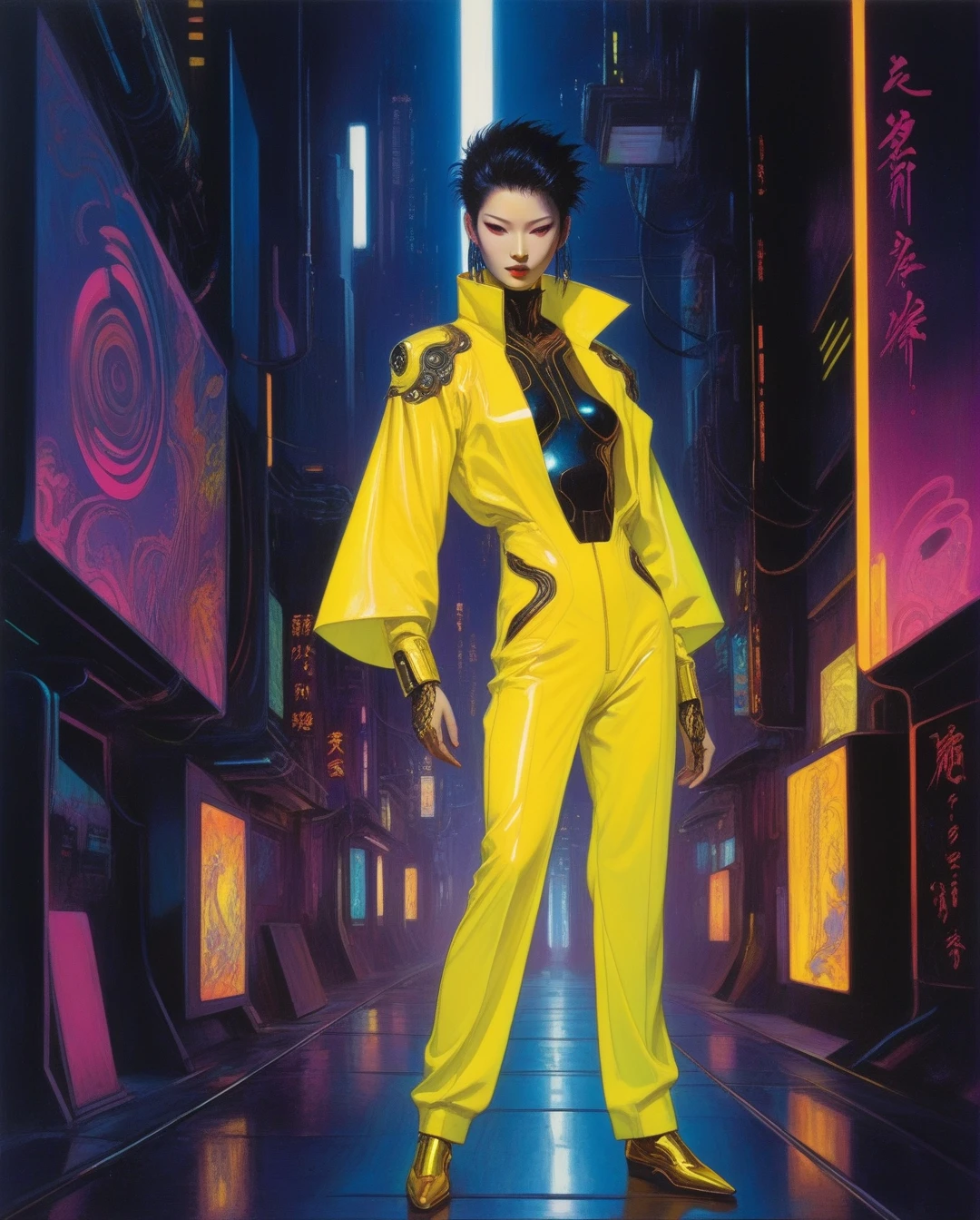 amano yoshitaka, In a neon-lit cyberpunk space setting, a figure emerges clad in a sleek yellow jumpsuit, designed with a distinct art style reminiscent of Yoshiaki Kawajiri. The scene is portrayed in a vivid and elaborate digital painting, showcasing sharp edges and dynamic colors. The jumpsuit gleams with metallic sheen, accentuating the mysterious allure of the character. Every detail, from the sleek contours to the intricate patterns, contributes to the image's captivating and high-quality execution, drawing viewers into a futuristic world of intrigue and sophistication.