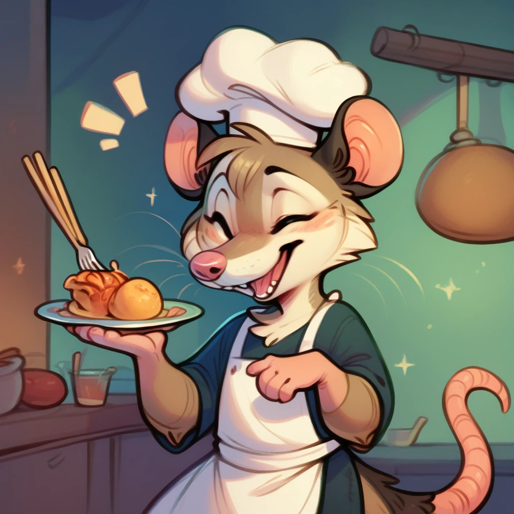 Rat chef, semi-anthropomorphic, holding a fork in his left hand and chopsticks in his right hand, crossed over his chest, happy and laughing expression, detailed facial features, chef hat, apron, detailed clothing, complex textures, high quality, realistic, 8K, masterpiece, cinematic lighting, warm tones