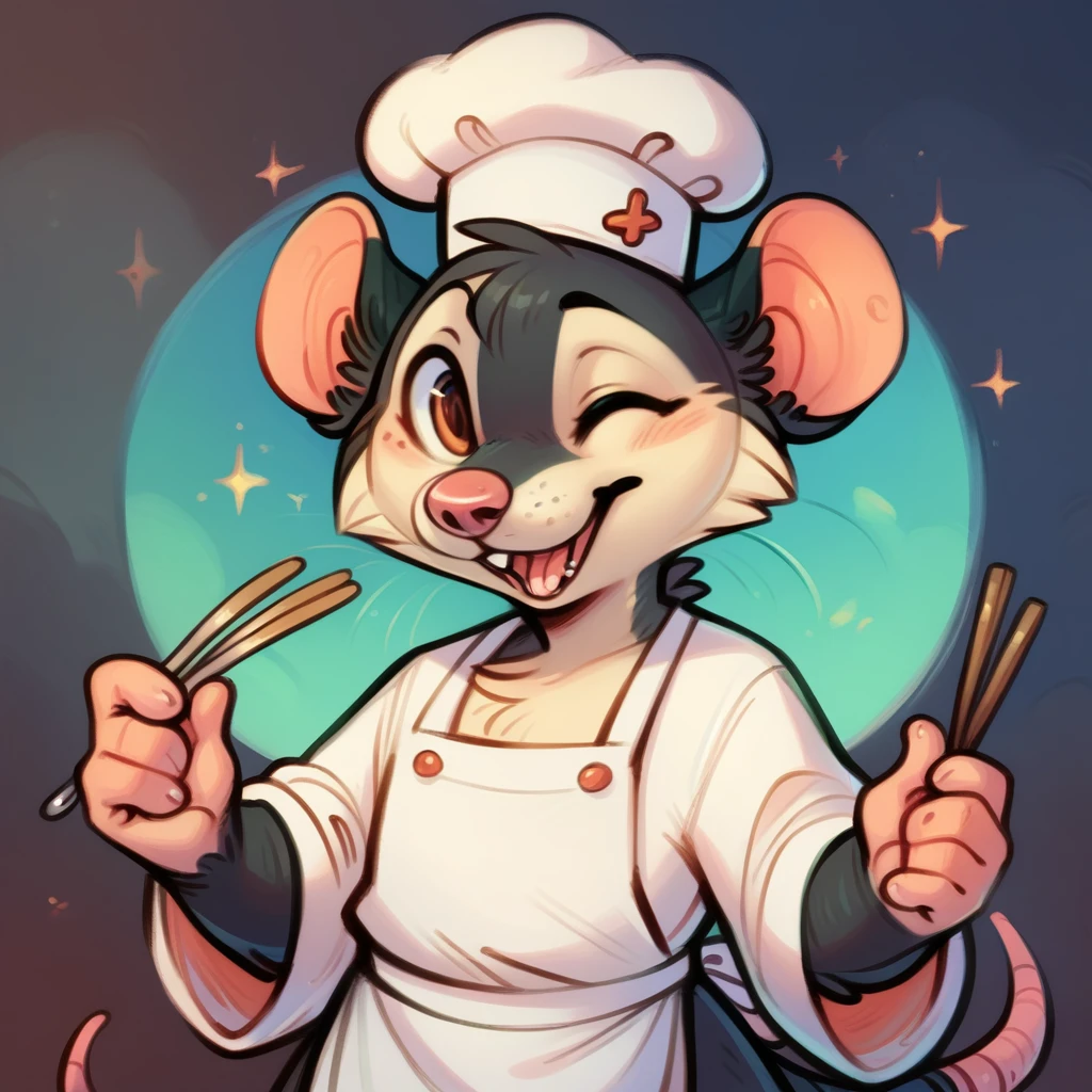 Rat chef, semi-anthropomorphic, holding a fork in his left hand and chopsticks in his right hand, crossed over his chest, happy and laughing expression, detailed facial features, chef hat, apron, detailed clothing, complex textures, high quality, realistic, 8K, masterpiece, cinematic lighting, warm tones