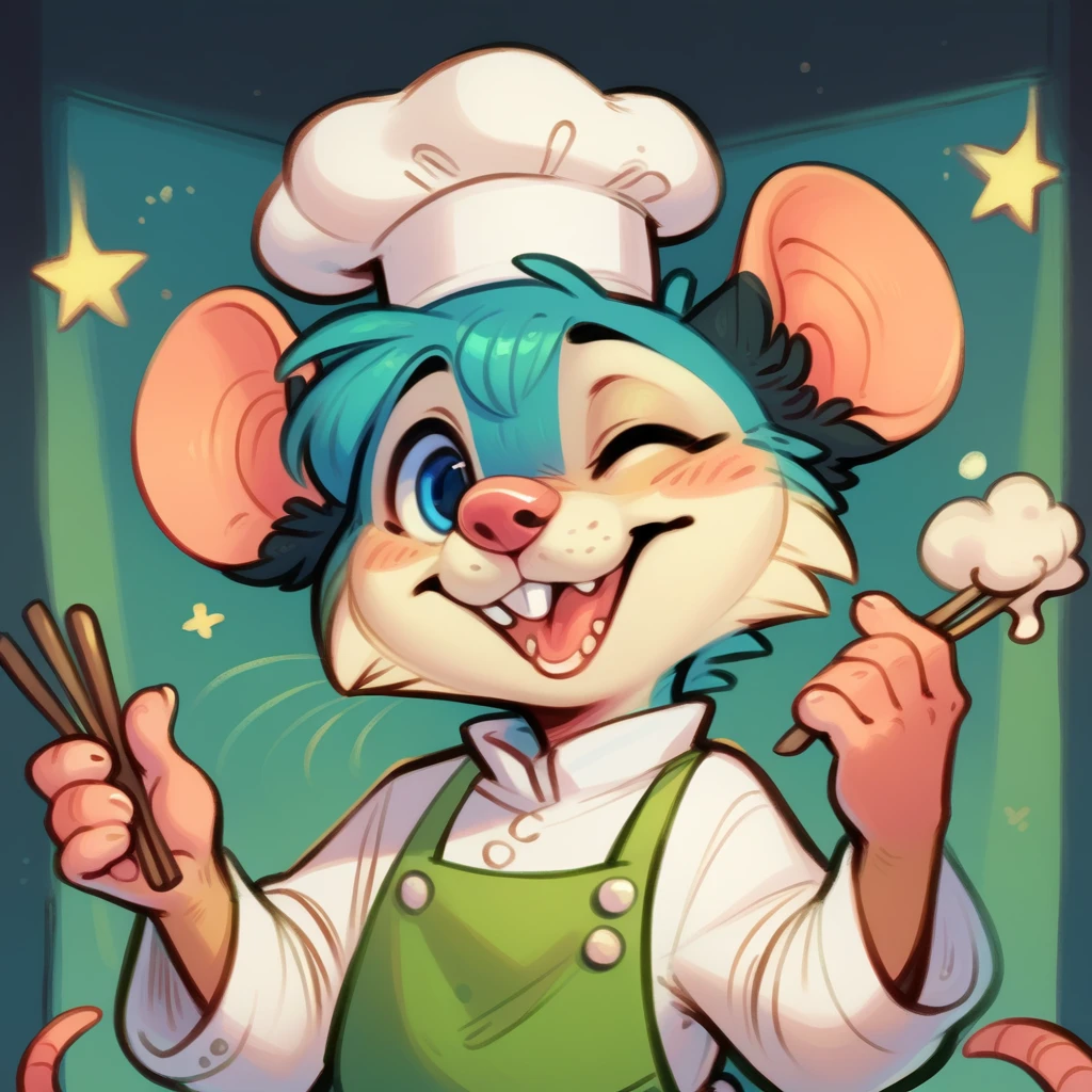 Rat chef, semi-anthropomorphic, holding a fork in his left hand and chopsticks in his right hand, crossed over his chest, happy and laughing expression, detailed facial features, chef hat, apron, detailed clothing, complex textures, high quality, realistic, 8K, masterpiece, cinematic lighting, warm tones