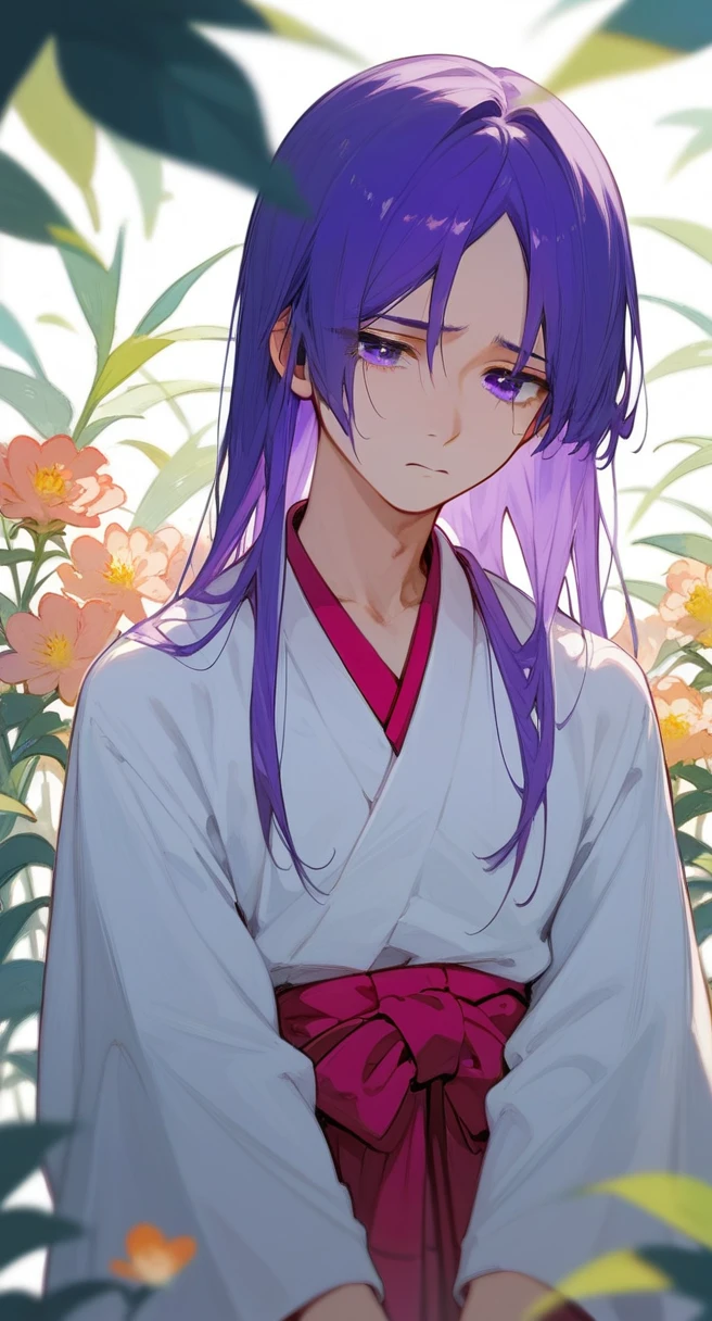 1boy, purple hair, pretty face, flower, hakama, sad, soleil