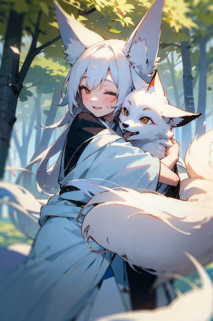 a young happy woman, in a spring forest, hugging a small white kitsune fox