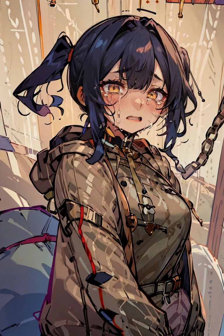 (masterpiece:1.2), (high quality:1.2), (hui xiyi:0.7)rekkyo sensen, rekkyou sensen, girls with((black hair, bangs, (one side up, long wavy hair:1.55), hand up, waving is hands, perfect hands, perfect fingers, exposed breasts, tits cleavage, breasts close up, dress((suspenders, dress, blue camisole dress, belts, blue clothes, frills shirt, black underwear and silver choker, (khaki hoodies jacket:1.55), long sleeves, straps, handcuffs, chain, ribbon:1.2)), upper body)), background with((bedding, futon, jail, prison:1.45))