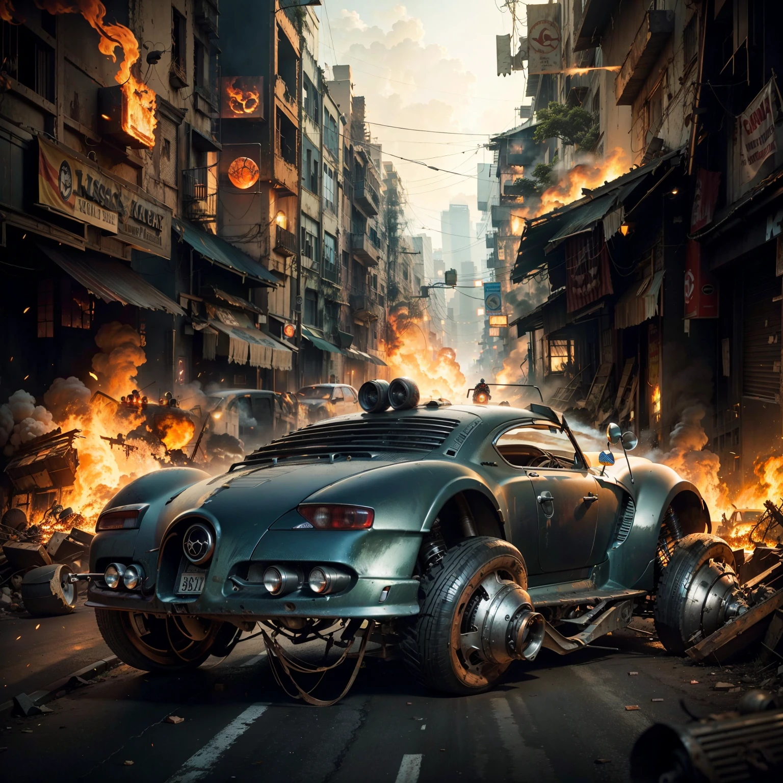 A brilliant Black warrior Hot Rod car in the streets in the background is a sci fi abandoned city with a lot of buildings fire burning lights in the pos apocalypitic street