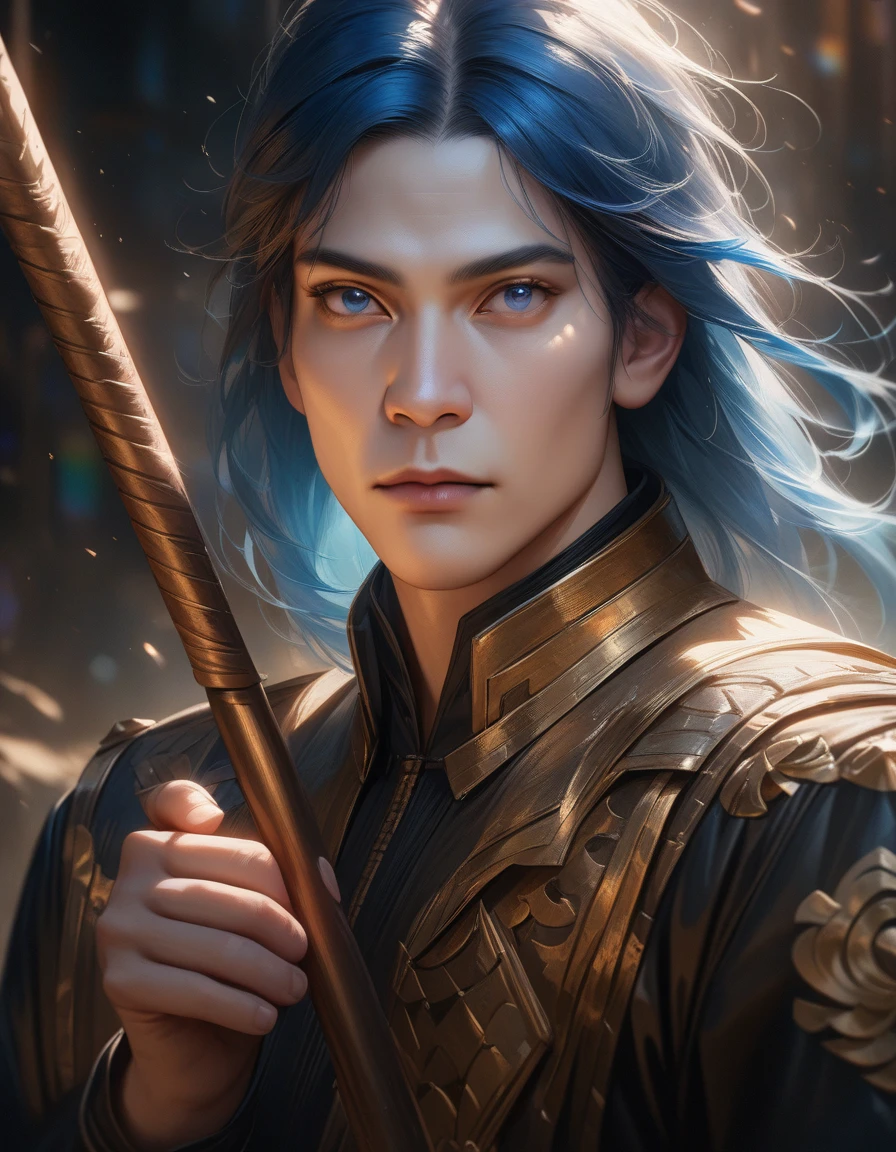 a handsome young man with sky blue hair, wearing a black and gold jacket, holding a glowing and long spear in his left hand, in a half-bent pose, with a cool and intense gaze, and deep blue eyes, (best quality, masterpiece:1.2), ultra-detailed, (realistic, photo-realistic:1.37), portrait, dramatic colors, intricate details, highly realistic, Japanese popular anime style, 2024, aesthetics, style, photorealistic, cinematic lighting, drop shadow, 4k, 8k, highres, UHD, masterpiece, high quality, best quality, 4K, highres, high details, accurate