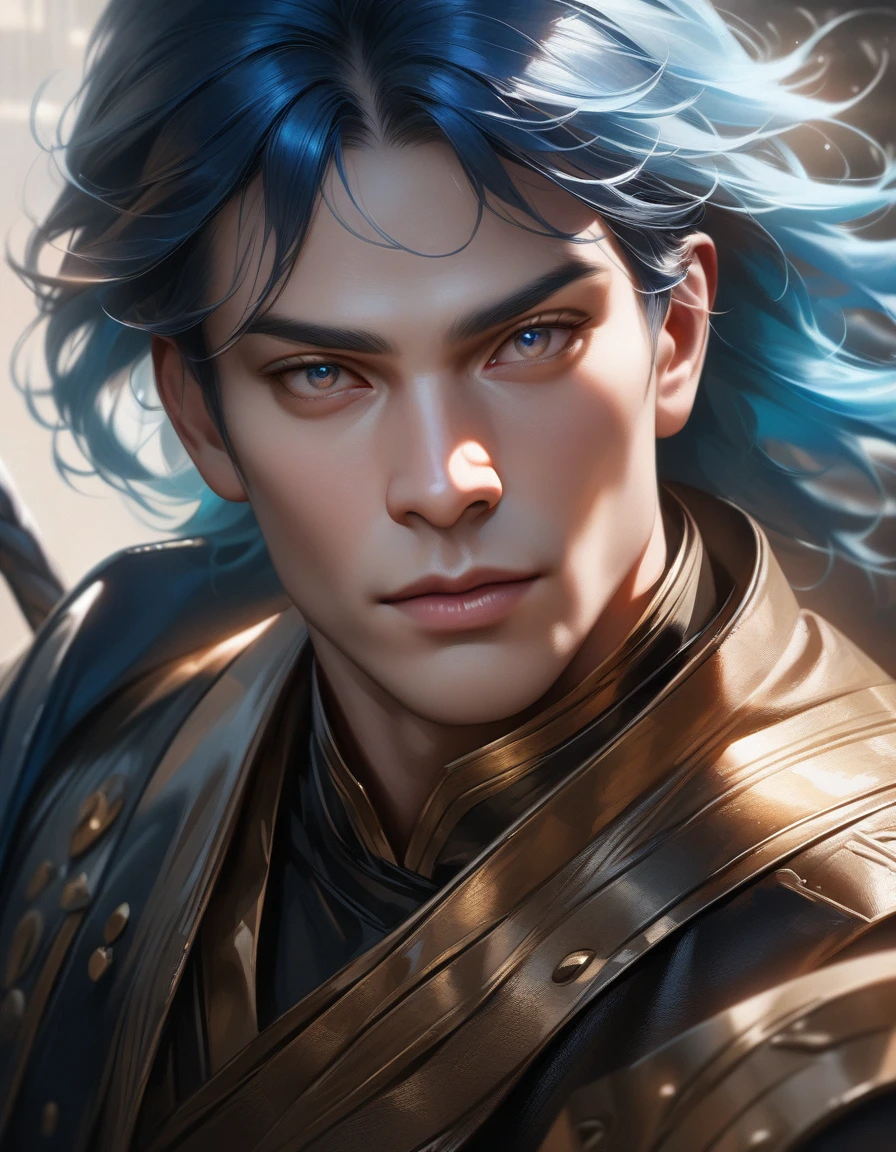 a handsome young man with sky blue hair, wearing a black and gold jacket, holding a glowing and long spear in his left hand, in a half-bent pose, with a cool and intense gaze, and deep blue eyes, (best quality, masterpiece:1.2), ultra-detailed, (realistic, photo-realistic:1.37), portrait, dramatic colors, intricate details, highly realistic, Japanese popular anime style, 2024, aesthetics, style, photorealistic, cinematic lighting, drop shadow, 4k, 8k, highres, UHD, masterpiece, high quality, best quality, 4K, highres, high details, accurate