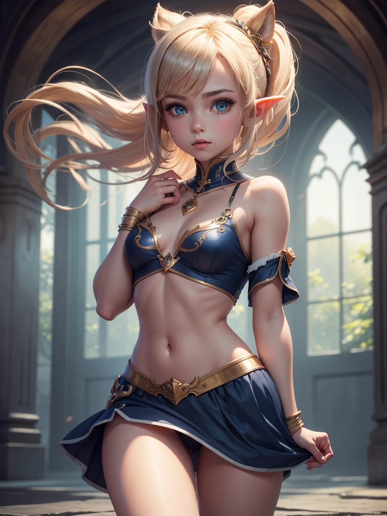 a beatiful , elf, showing your body, showing your charm, perfect body, small waist. Wearing short clothes, dynamic pose. Small girl, delicade girld, cute girl. Ultra resolution, perfect eyes, perfect anatomy, perfect hand, perfect body. 8k ultra hd, ultra definition, photorealistic digital art, high quality illumination, high definition textures. Cinematic ambience, wonderful background