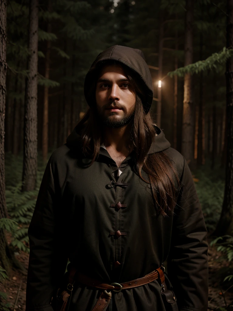 man, long brown hair, bearded, medieval sorcerer, in the middle of a dense forest at night, with hood, medieval style, realistic, ultra detailed