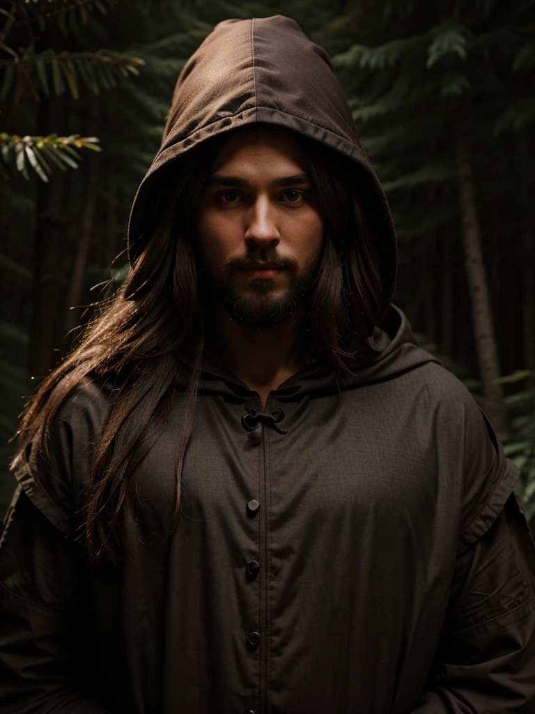 man, long brown hair, bearded, medieval sorcerer, in the middle of a dense forest at night, with hood, medieval style, realistic, ultra detailed