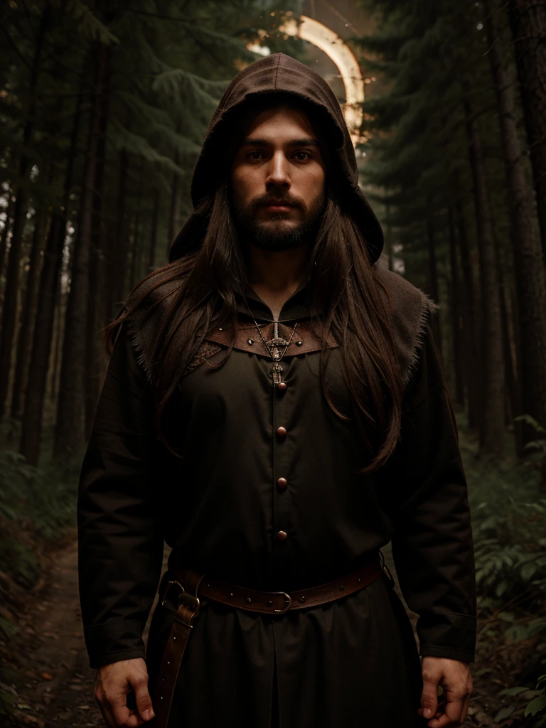 man, long brown hair, bearded, medieval sorcerer, in the middle of a dense forest at night, with hood, medieval style, realistic, ultra detailed  