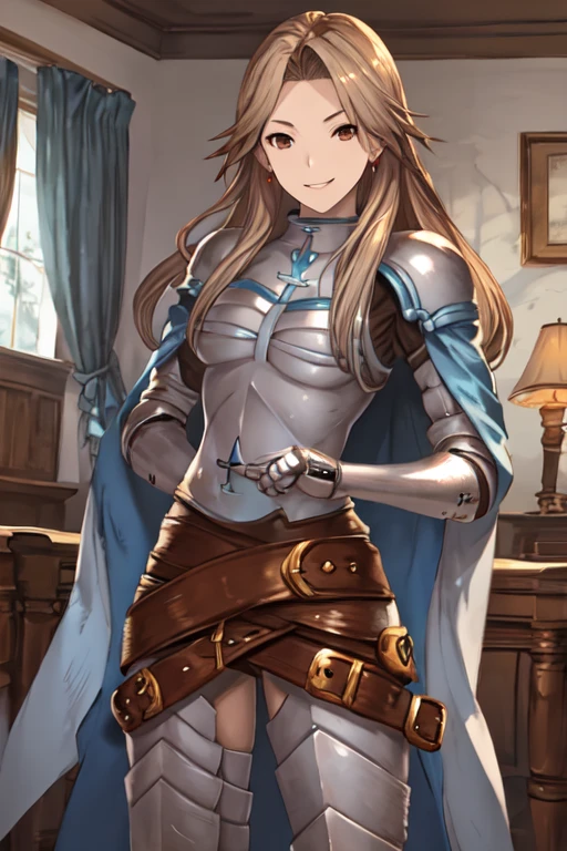 katalina (granblue fantasy), solo, 1girl, armor, gauntlets, belt, breastplate, gloves, shoulder armor, cape, pauldrons, pants, room, smile, standing, best quality, masterpiece, 