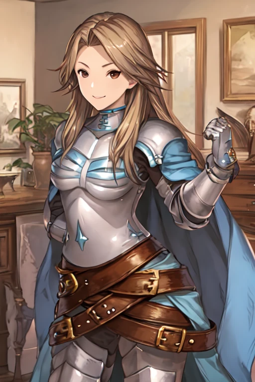 katalina (granblue fantasy), solo, 1girl, armor, gauntlets, belt, breastplate, gloves, shoulder armor, cape, pauldrons, pants, room, smile, standing, best quality, masterpiece,