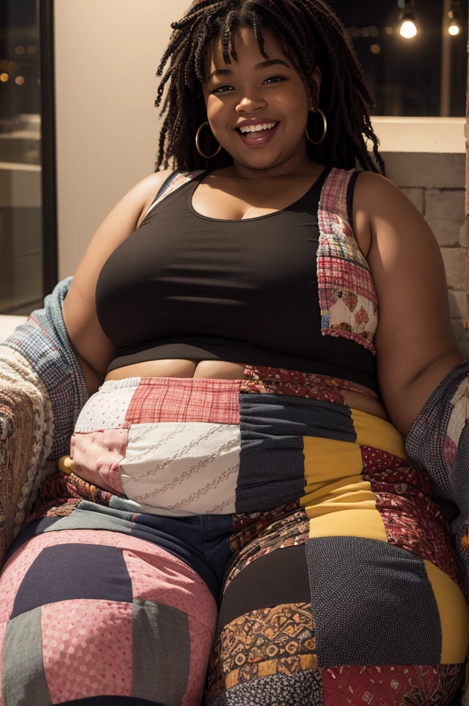 Fat black woman in patchwork clothes sitting laughing at night