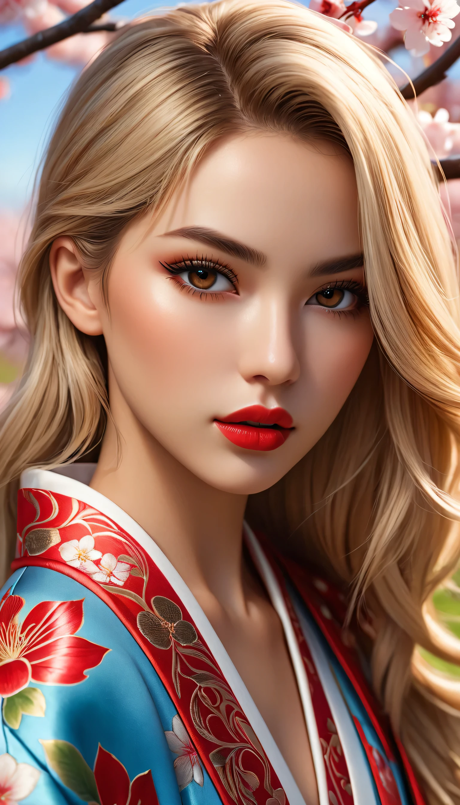 Divide Ratio : 1,1,1 Base Ratio: (portrait),beauty (mixed girls) in (highly detailed 32k absurd art of a ((girl 18-year-old)) ),fashion supermodel,(best high quality real texture skin:1.3),(best quality texture hair:1.4),BREAK,((short blonde hair ((slicked to the side)) extremely detailed:1.3)),((outside,an orchard of blooming cherry trees:1.3)),(best high quality:1.4),(photo realistic:1. 5),(Hyperrealism:1.5),((sharp focus)),(highest resolution),((soft neon lighting on the face and body)),(perfect proportions),(anatomically correct),(perfect female body),(firm normal full breasts:1.3),slim face,beautiful cheekbones,((slim,swell-muscled body:1.24)),(Super beautiful face),(realistic face),(highly detailed face:1.5),absurd(ultra detailed eyes), finely detailed face,finely quality eyes,(tired and sleepy and satisfied:0.0),(close up of a woman's eye with a digital rendering),realistic eyes,perfect round eyes,finely detailed pupils,(brown_eyes:1.28),BREAK,detailed lips:1.3,dark_makeup:1.18, long_blue_eyeliner:1.25, (red_lipstick:1.25),perfect dark_eyeshadows:1.45, there a close up of a woman's, (super detailed makeup on eyes:1.3), iridescent eyes, with professional makeup, vibrant eyes:1.2, (Detailed nose:1.2),BREAK,((super extravagant ((cut kimono cute)) wear)),small head:1.4,BREAK,makeup:1.22,BREAK,/(random u%u top:1.13),/exquisite balance of shadows,perfect composition,((upper body shot:1.3)),(((look at the viewer))), Hasselblad, 50mm f/2.2