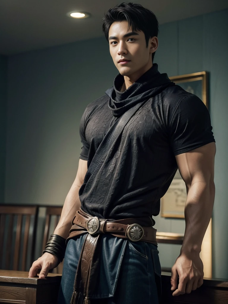 Highest quality、Masterpiece、超high resolution、(realistically:1.4)、detailed face、single、1male human、upper body、dark hair、Glowing skin、Dense skin、(asian man)、architecture、(nonsense、high resolution、very detailed)、、1 man、adult、(25 year old male)、handsome、tall muscular man、Broad shoulders、I have very short hair.、angular jaw、Thick neck、Thick eyebrows、I have very short hair.、มีdark hair、ดวงตาที่ละเอียดและdetailed face、 Highly detailed CG Unity 8k wallpaper.、complex-detail、(magic swirl style:0.7)、looking at the audience、single、(Whole Esbian:0.6)、Detailed background、detailed face、Dynamic Post、、dynamic elements、 big muscles、、((((Embossed))))、handsome、 ((table top:1.4, best quality)), ((table top, best quality)), (ถ่ายภาพrealistic:1.4)、(((shaman)))、smile, Surfing sport,、รอยsmile、The sky is clear and cloudy.、(A complex blue long-sleeved conjuration outfit.), scarf, The outfit reveals too much of the shirt and thighs., Fantasy Library Background:1.2), realistic、Cana、magic circle