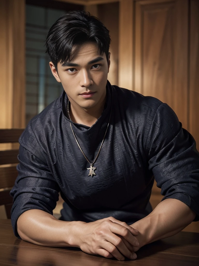 Highest quality、Masterpiece、超high resolution、(realistically:1.4)、detailed face、single、１male human、upper body、dark hair、Glowing skin、Dense skin、(asian man)、architecture、(nonsense、high resolution、very detailed)、、1 man、adult、(25 year old male)、handsome、tall muscular man、Broad shoulders、I have very short hair.、angular jaw、Thick neck、Thick eyebrows、I have very short hair.、มีdark hair、ดวงตาที่ละเอียดและdetailed face、 Highly detailed CG Unity 8k wallpaper.、complex-detail、(magic swirl style:0.7)、looking at the audience、single、(Whole Esbian:0.6)、Detailed background、detailed face、Dynamic Post、、dynamic elements、 big muscles、、((((Embossed))))、handsome、 ((table top:1.4, best quality)), ((table top, best quality)), (ถ่ายภาพrealistic:1.4)、(((shaman)))、smile, Surfing sport,、รอยsmile、The sky is clear and cloudy.、(A complex blue long-sleeved conjuration outfit.), scarf, The outfit reveals too much of the shirt and thighs., Fantasy Library Background:1.2), realistic、Cana、magic circle