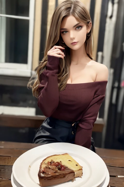 Gray sweater，Burgundy leather coat，Extra-long hair，Exposed shoulder，Breakfast place