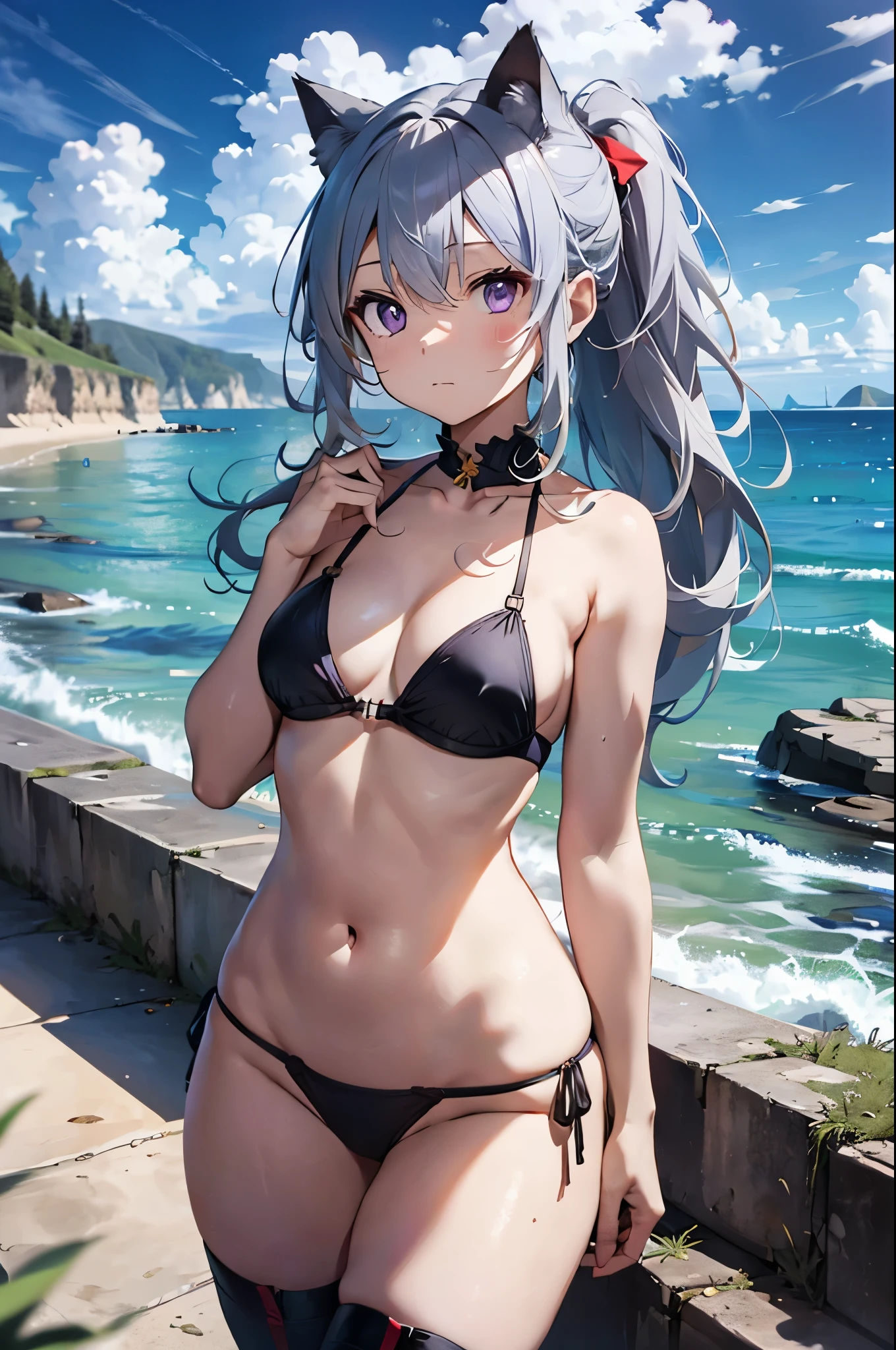 Movie angle, Depth of written boundary, (Looking at the audience), (right foreground: 1), (Standing photo: 1),
Cat ear girl, (alone),Blue Hair,(White skin:1), (Curvaceous:1.2), (Wide Hips:1.1), Cat ear girl,
(Beautiful Coast Background), (Coast Background: 1.4), (Coast Background: 1.4),
(Red clothes), (Bare shoulders, Red Micro Bikini), (Thong Panties: 1.2), Thigh-high boots,
(ponytail, Hair between the eyes), (Silver Hair), (Purple eyes), (Flat Chest: 1.2),
Expressionless, Stunned, sleepy,
Wakame seaweed, Wakame seaweed, Wakame seaweed, Wakame seaweed, Wakame seaweed, Wakame seaweed, Wakame seaweed, Wakame seaweed