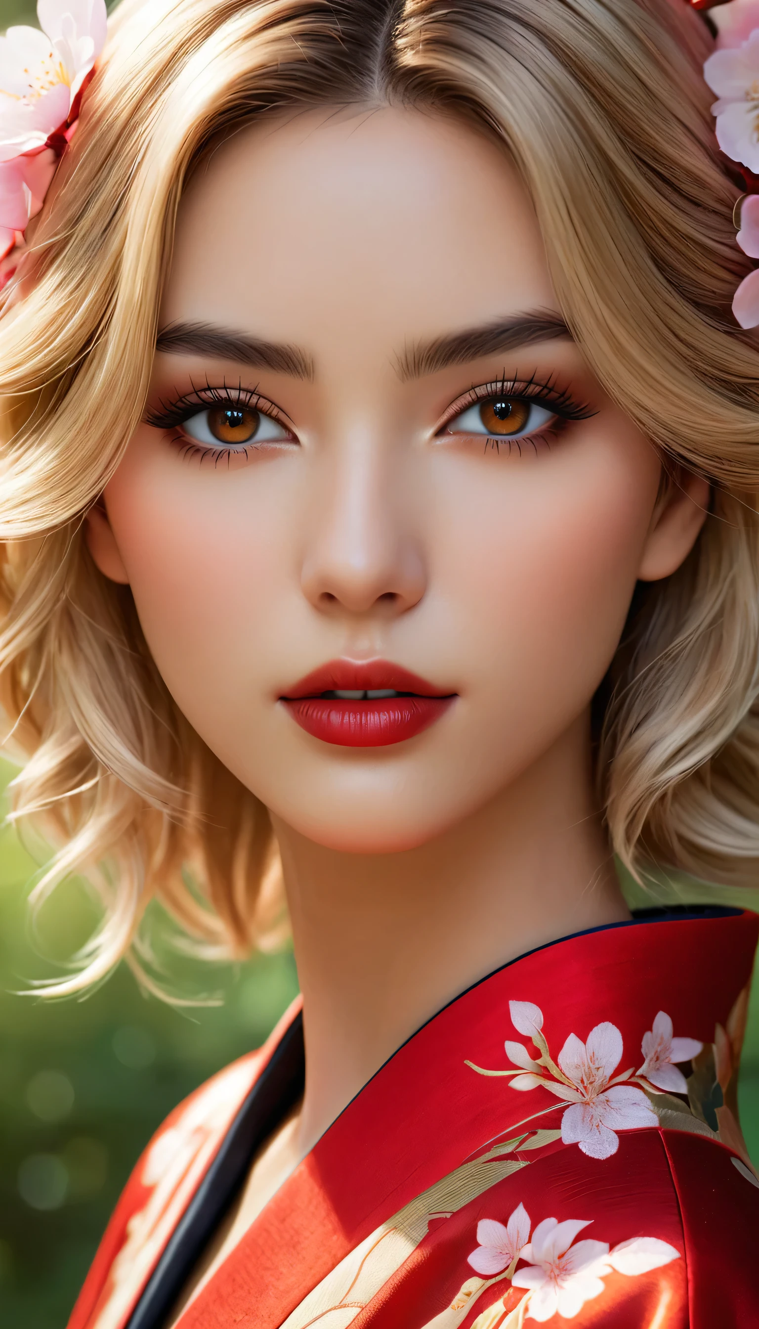 Divide Ratio : 1,1,1 Base Ratio: (portrait),beauty (mixed girls) in (highly detailed 32k absurd art of a ((girl 18-year-old)) ),fashion supermodel,(best high quality real texture skin:1.3),(best quality texture hair:1.4),BREAK,((short blonde hair ((slicked to the side)) extremely detailed:1.3)),((outside,an orchard of blooming cherry trees:1.3)),(best high quality:1.4),(photo realistic:1. 5),(Hyperrealism:1.5),((sharp focus)),(highest resolution),((soft neon lighting on the face and body)),(perfect proportions),(anatomically correct),(perfect female body),(firm normal full breasts:1.3),slim face,beautiful cheekbones,((slim,swell-muscled body:1.24)),(Super beautiful face),(realistic face),(highly detailed face:1.5),absurd(ultra detailed eyes), finely detailed face,finely quality eyes,(tired and sleepy and satisfied:0.0),(close up of a woman's eye with a digital rendering),realistic eyes,perfect round eyes,finely detailed pupils,(brown_eyes:1.28),BREAK,detailed lips:1.3,dark_makeup:1.18, long_blue_eyeliner:1.25, (red_lipstick:1.25),perfect dark_eyeshadows:1.45, there a close up of a woman's, (super detailed makeup on eyes:1.3), iridescent eyes, with professional makeup, vibrant eyes:1.2, (Detailed nose:1.2),BREAK,((super extravagant ((cut kimono cute)) wear)),small head:1.4,BREAK,makeup:1.22,BREAK,/(random u%u top:1.13),/exquisite balance of shadows,perfect composition,((upper body shot:1.3)),(((look at the viewer))), Hasselblad, 50mm f/2.2