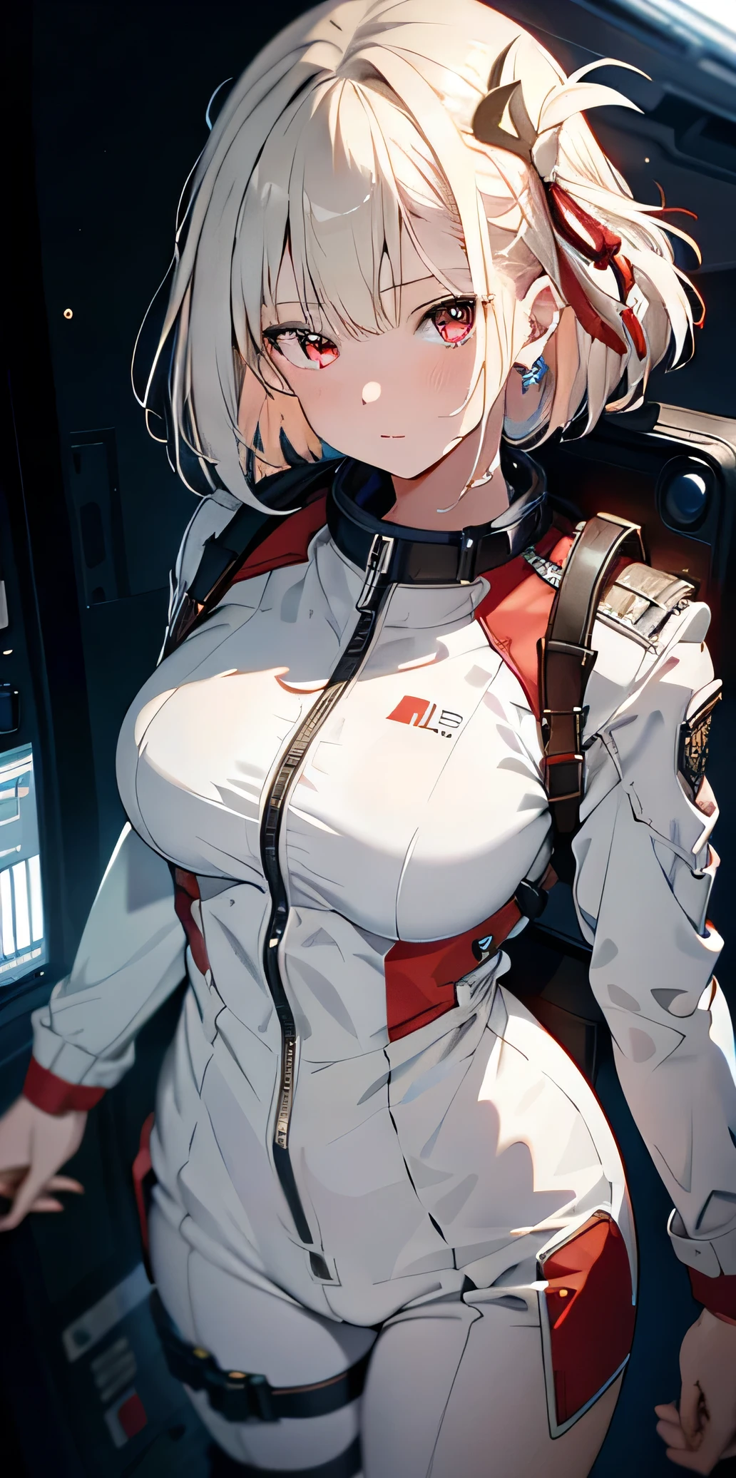 Ridiculous resolution, high resolution, (masterpiece: 1.4), Very detailed, 1 girl, seen from above in spacesuit, space, floating, Wide-angle lens distortion, Platinum Blonde, Medium Length Hair, Red Eyes