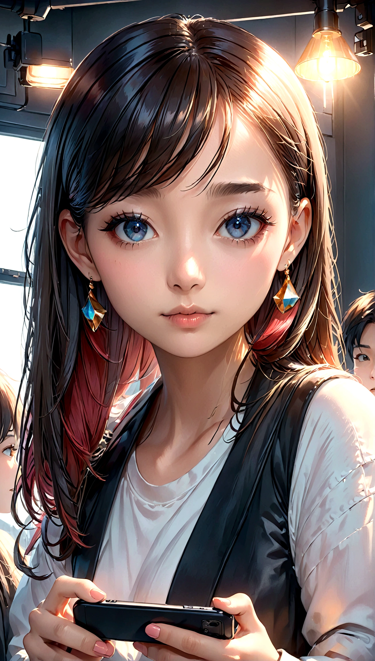 8K portrait of a beautiful young woman in a J-POP style, having a great time watching one interesting video after another on YouTube on her smartphone, extremely detailed, high quality, ultra-high resolution, photorealistic, masterpiece, cinematic composition, trending on ArtStation