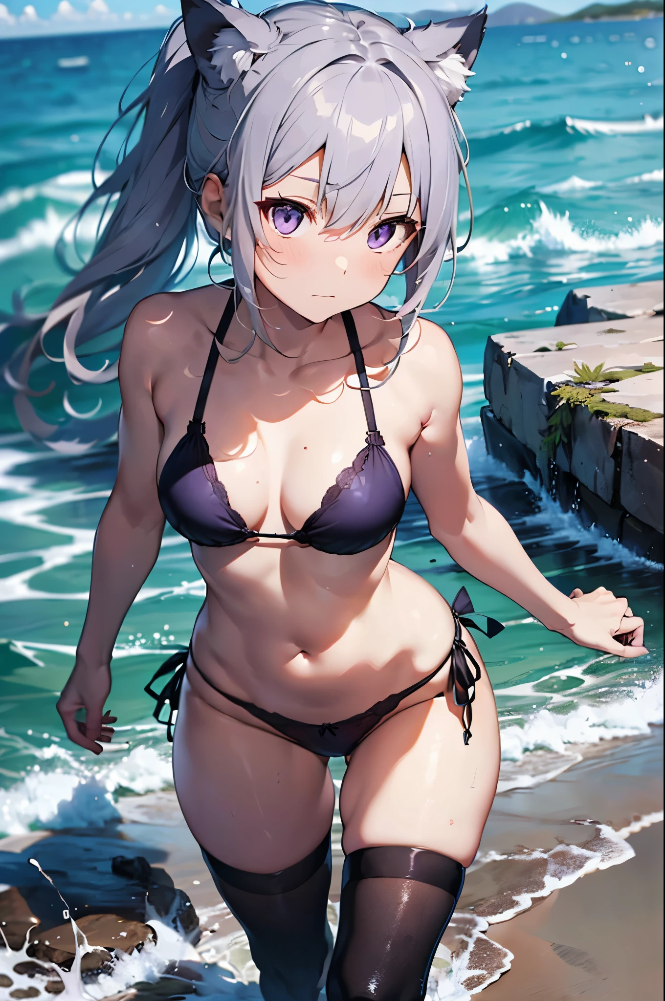 Movie angle, Depth of written boundary, (Looking at the audience), (right foreground: 1), (Standing photo: 1),
Cat ear girl, (alone),Blue Hair,(White skin:1), (Curvaceous:1.2), (Wide Hips:1.1), Cat ear girl,
(Beautiful Coast Background), (Coast Background: 1.4), (Coast Background: 1.4),
(Red clothes), (Bare shoulders, Red Micro Bikini), (Thong Panties: 1.2), Thigh-high boots,
(ponytail, Hair between the eyes), (Silver Hair), (Purple eyes), (Flat Chest: 1.2),
Expressionless, Stunned, sleepy,
Wakame seaweed, Wakame seaweed, Wakame seaweed, Wakame seaweed, Wakame seaweed, Wakame seaweed, Wakame seaweed, Wakame seaweed