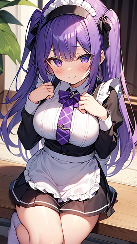 最high quality, high quality, 16K full body image, Ultra-detailed details, pretty girl, alone, beautiful purple hair, Beautiful purple eyes, Big Breasts, A light smile, Summer clothes, Summer Maid clothes, I'm lifting my skirt, Blue and white color striped underwear(Bikini swimsuit under skirt), My crotch is wet with love juice, {{A succubus who steals the face skin and maid uniform from the girl she likes and plays pranks on her、I&#39;m wearing a maid outfit while pretending to be the girl I like.}}, The girl I like is a high school girl, Full body image, NSFW