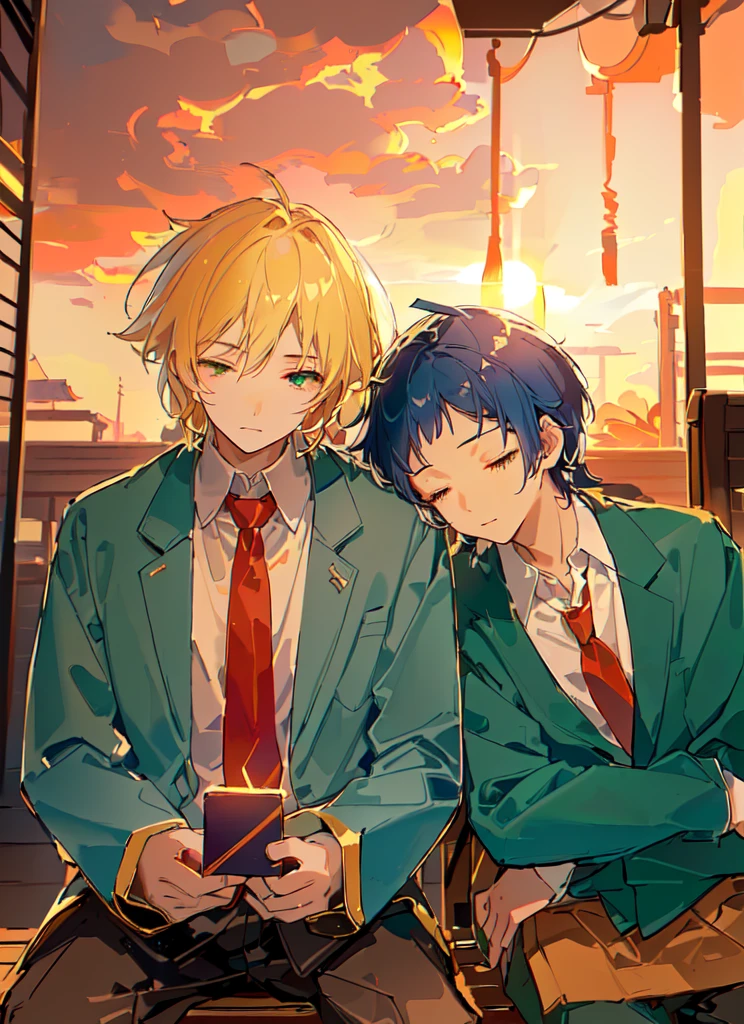 Two boys，Shoulder to Shoulder，Close your eyes，sleep，The person on the left has blond hair，The person on the right has dark blue hair，Blue-green school uniform，White shirt，Red tie，Black pants，Sitting on a bench，背景是Sunset，Sunset，sunset，美丽的Sunset，Sunset光影，Backlight，Correct warm lighting，8K，Correct human body，Detailed eye painting，illustration，Highest quality，Exquisite，Detailed face，Masterpiece，flat chest，Slim，young，16 years old，High-end，Hand Painted，Official Fanart, Visual novel, Anime style，Girly Romance, Produced by Anime Painter Studio，masterpiece, best quality, Sharp focus, Intricate details, Perfect, Golden Ratio Composition, 8K resolution, High resolution, fair, fair sky, Vibrant pastel colors, Vibrant colors